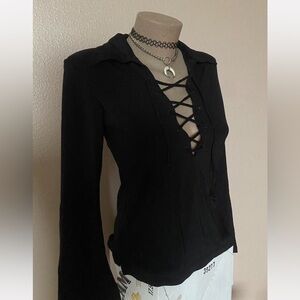 Y2k Blace Lace Up Top with Bell Sleeves